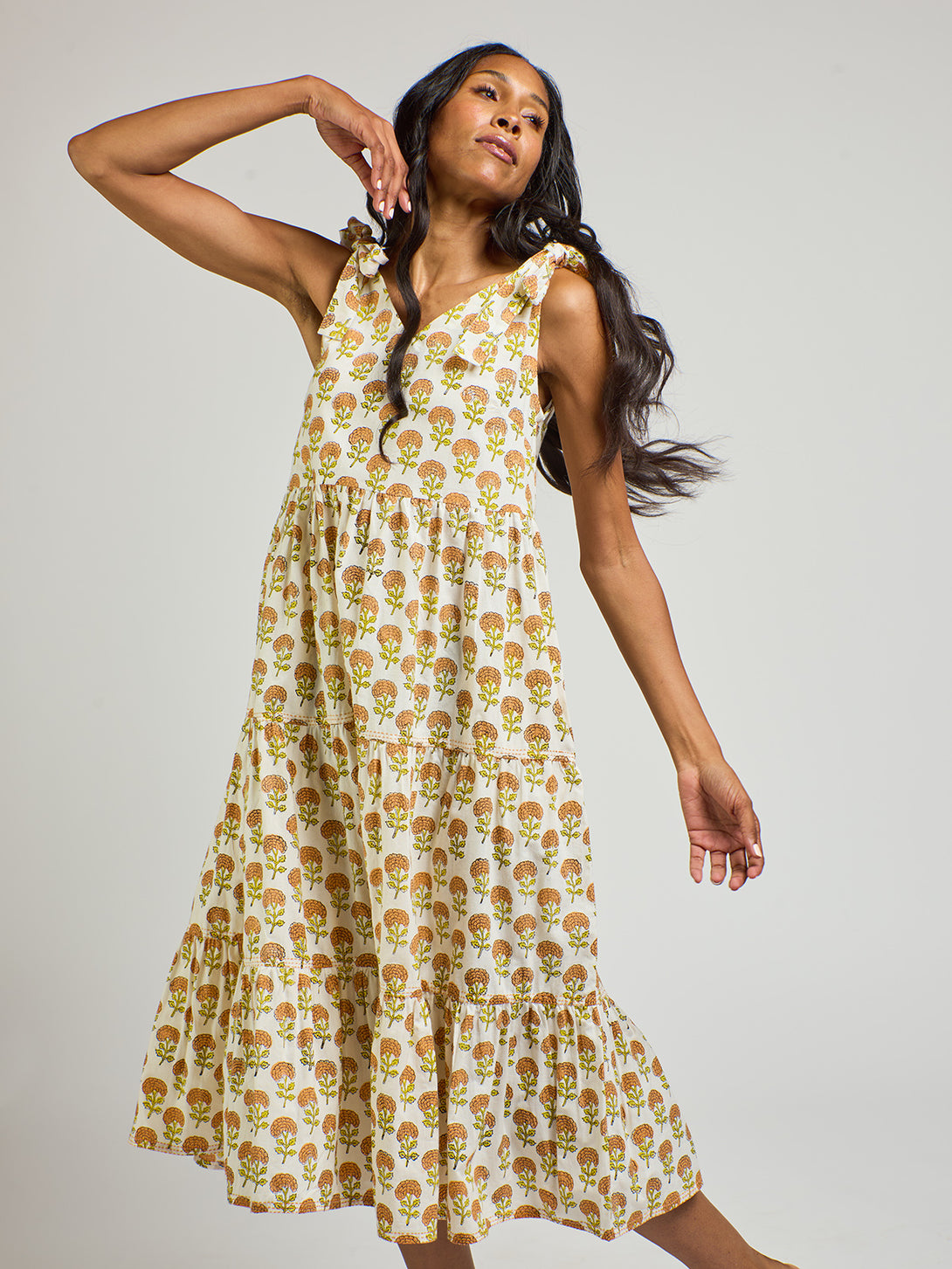 marigold yellow dress Lorelei Tiered Yellow Marigold Print Dress - Fair Trade Dresses
