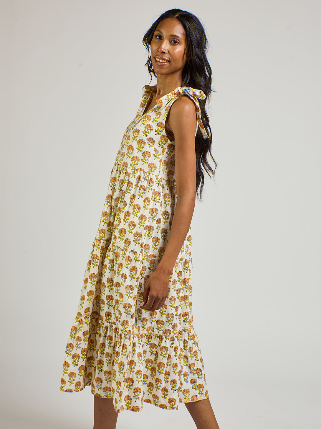 Lorelei Tiered Yellow Marigold Print Dress - Fair Trade Dresses