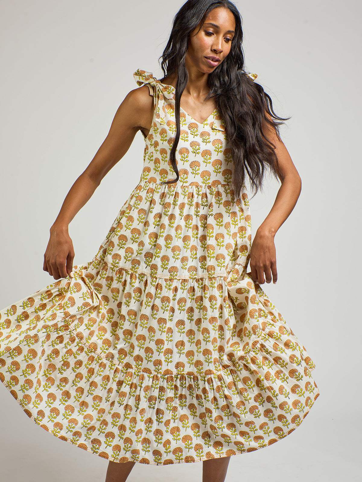 Lorelei Tiered Marigold Print Dress - Fair Trade Dresses | Mata