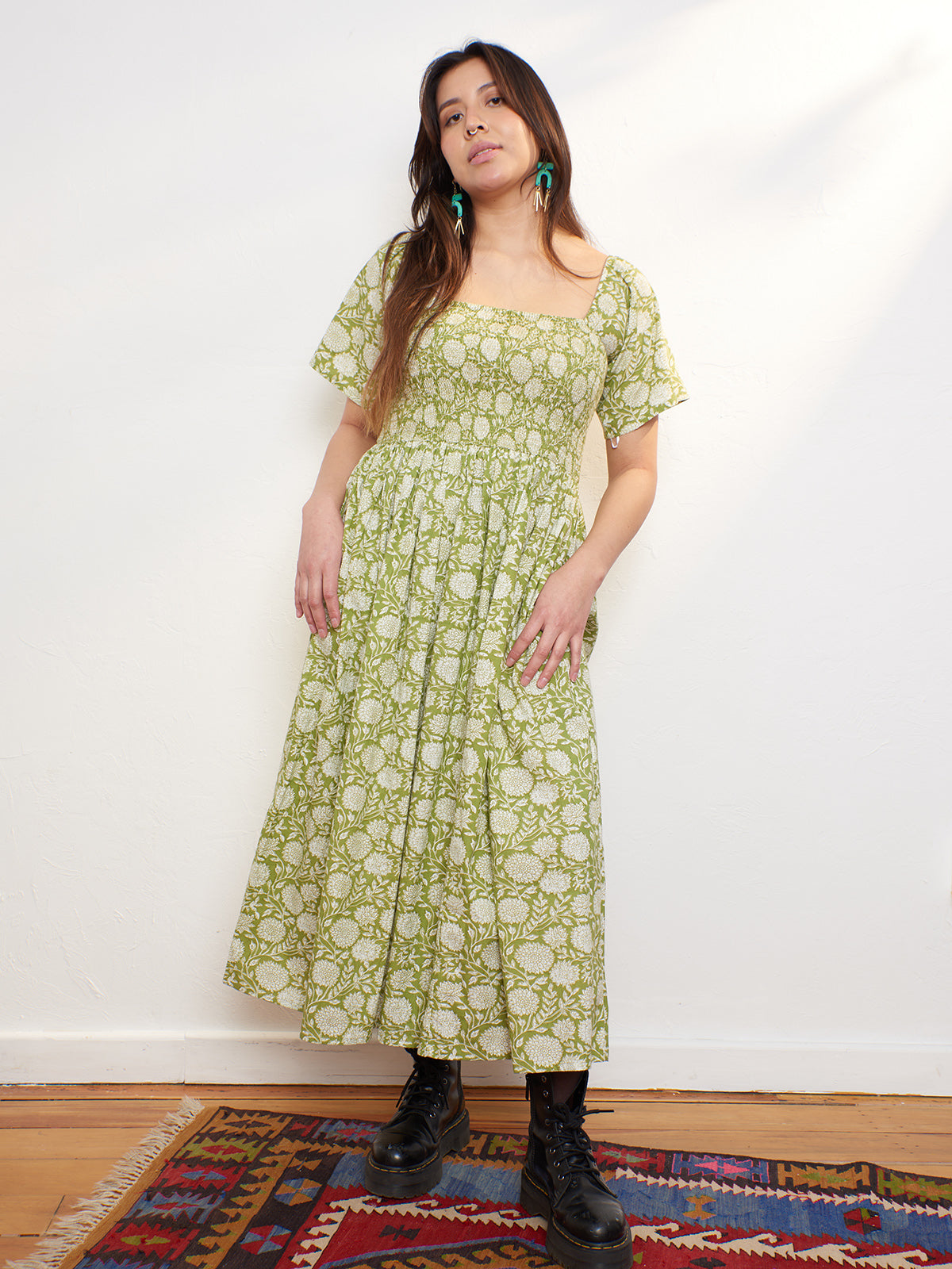 Teddy Midi Smocked Dress Green Floral - Fair Trade Dresses | Mata