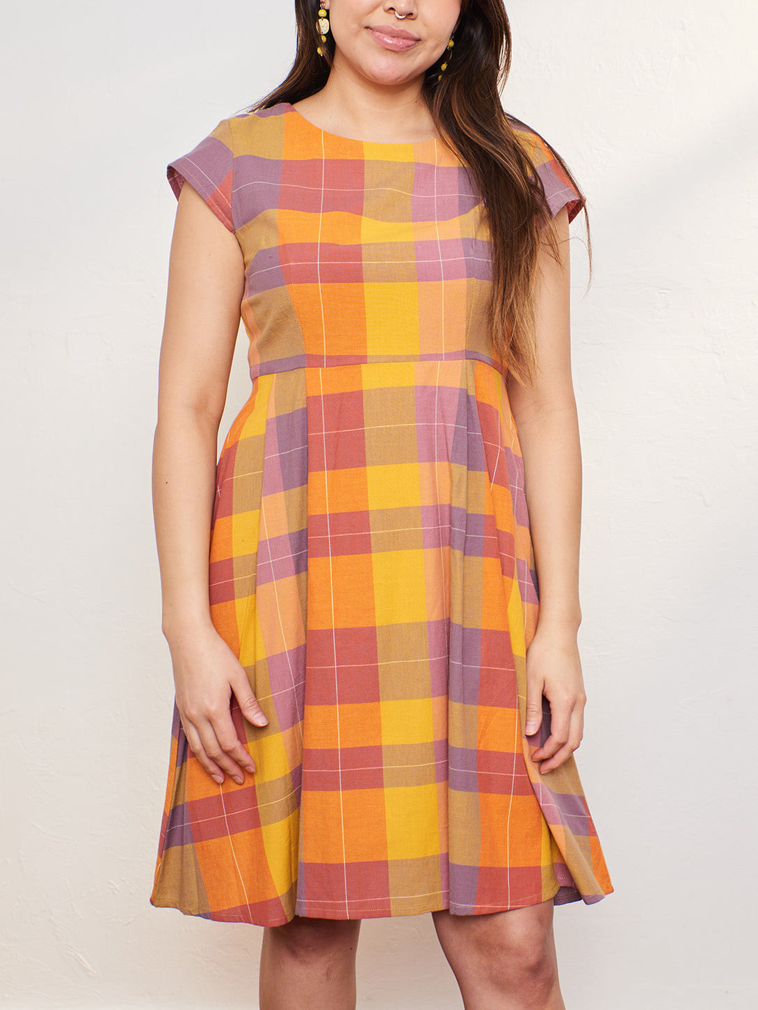 Devonshire Yellow Plaid Fit and Flare Dress - Fair Trade Dresses | Mata Traders Sunset Plaid / XS Devonshire Yellow Plaid Fit and Flare Dress - Fair Trade Dresses | Mata Traders Sunset Plaid / XS