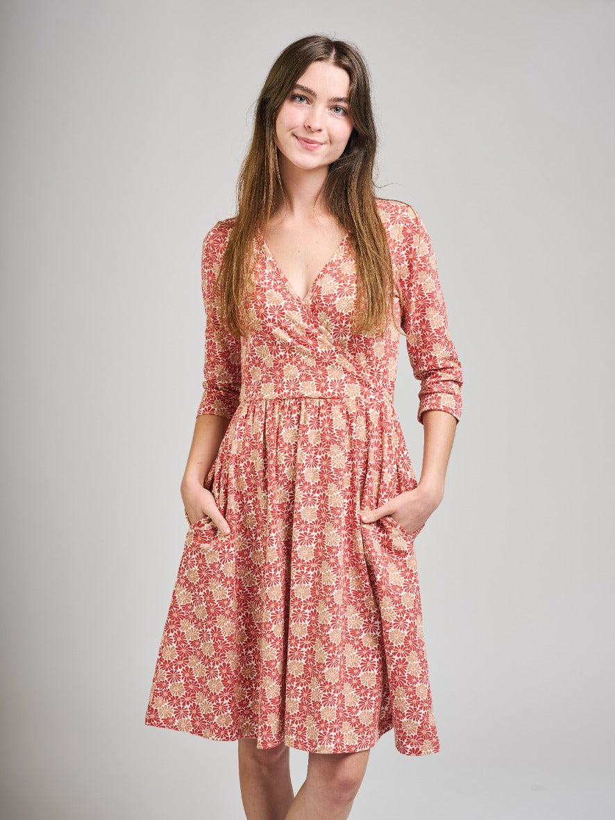 Callie 3/4 Sleeve Wrap Dress Pink Floral - Fair Trade Dresses