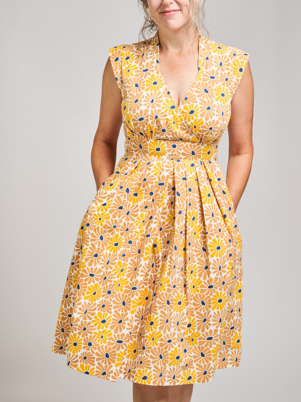 Lucille Dress  V Neck Sleeveless- Yellow Sunny Floral - Mata Traders