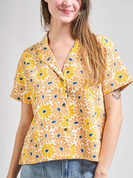 トップス flower print sheer shirt / yellow / S Yellow Camp Shirt Sunny Floral - Fair Trade Clothing | Mata Traders