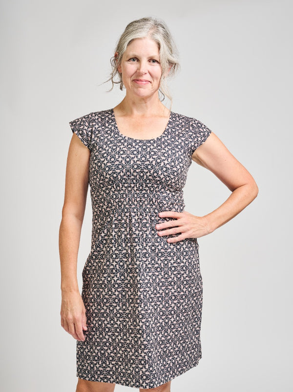 Artsy Traveler Dress Round Neck  - Black Botanical Print - Mata Traders
