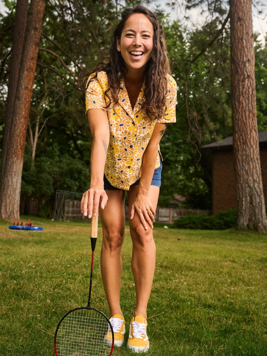 women's button front yellow camp shirt  daisy print -Mata Traders