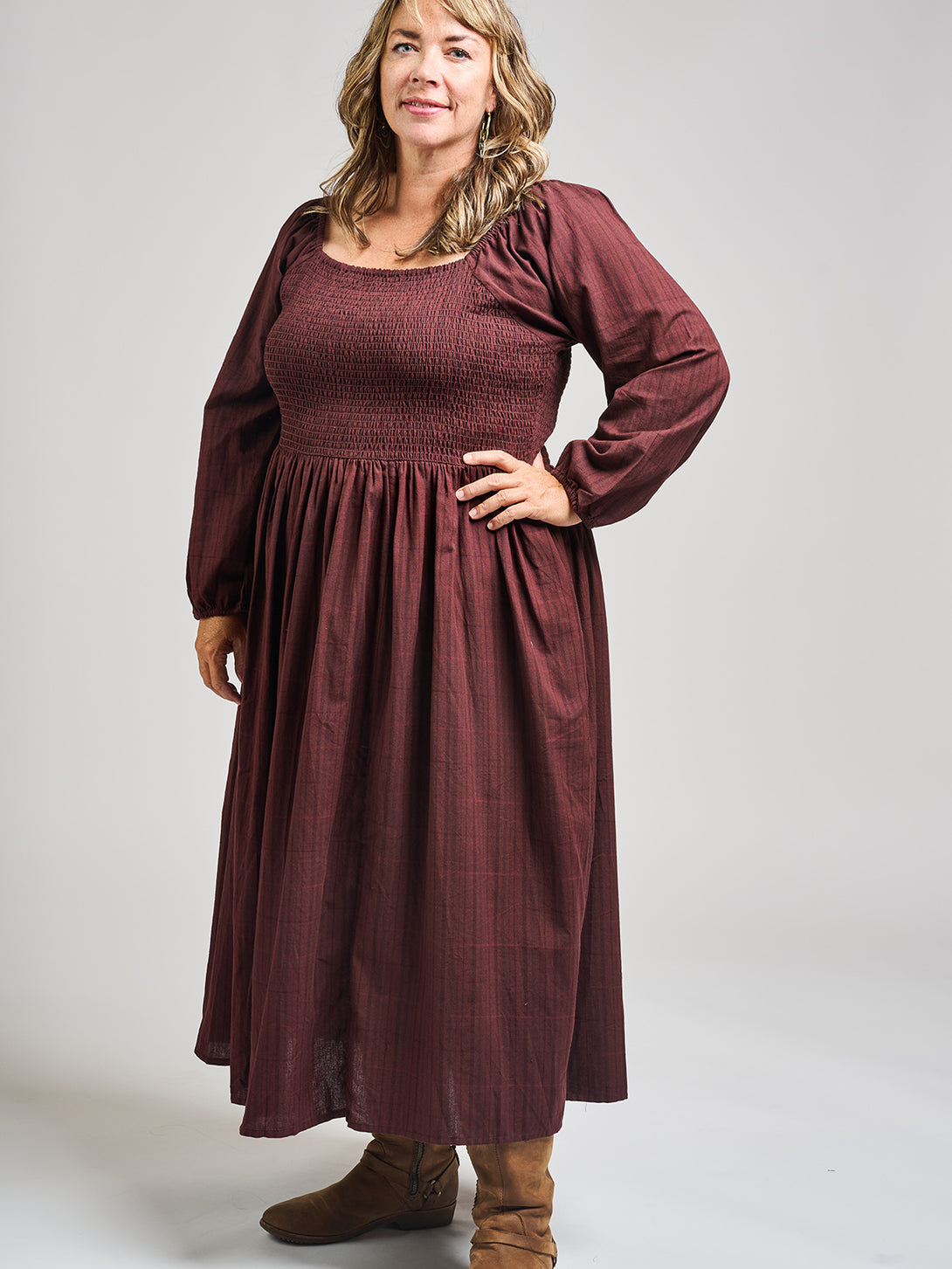 Fair Trade Plus Size Long Maroon Plaid Dress with Pockets Mata