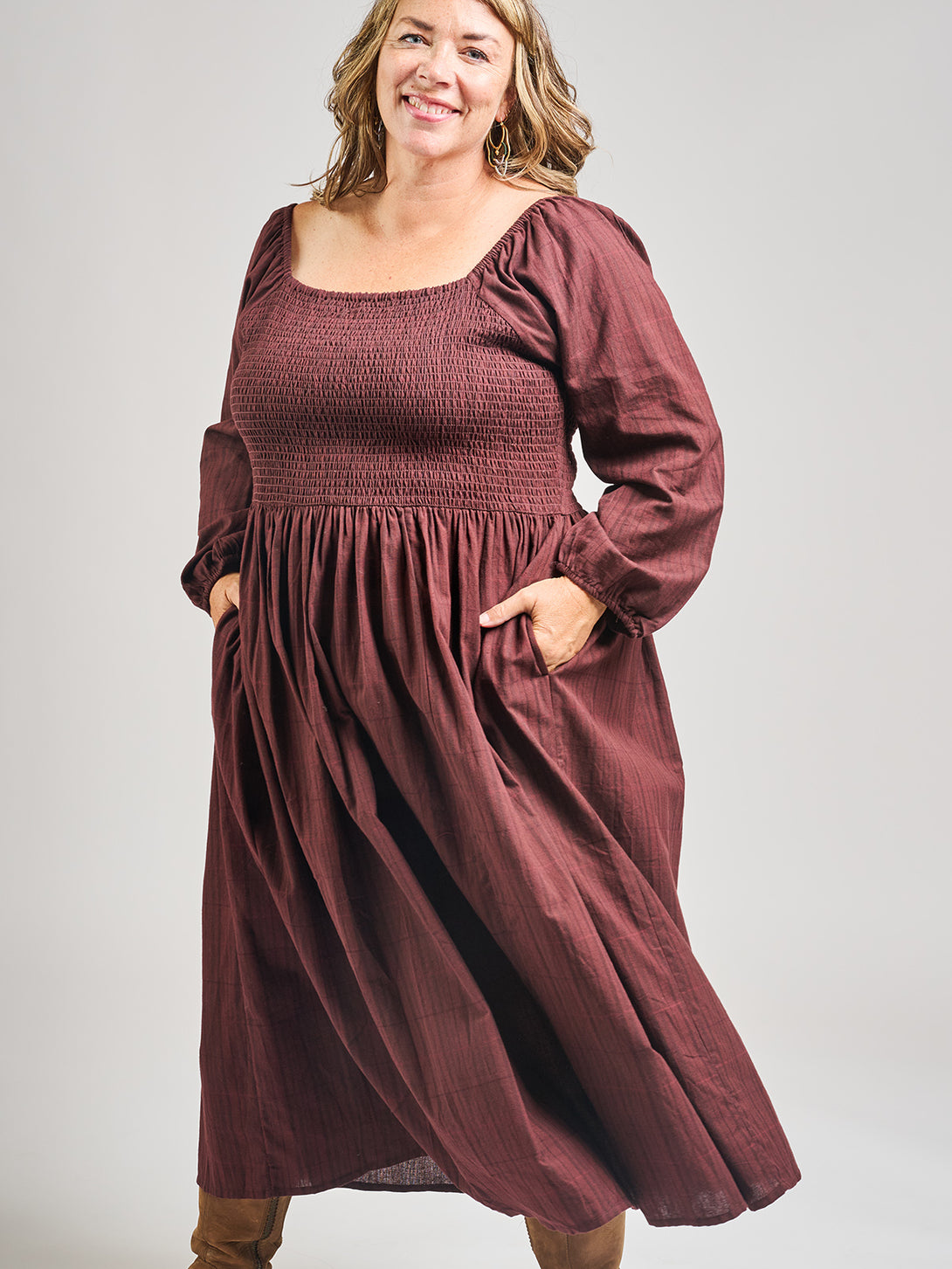 Fair Trade Plus Size Long Maroon Plaid Dress with Pockets | Mata Traders Maroon Plaid / 1X Fair Trade Plus Size Long Maroon Plaid Dress with Pockets | Mata Traders Maroon Plaid / 1X