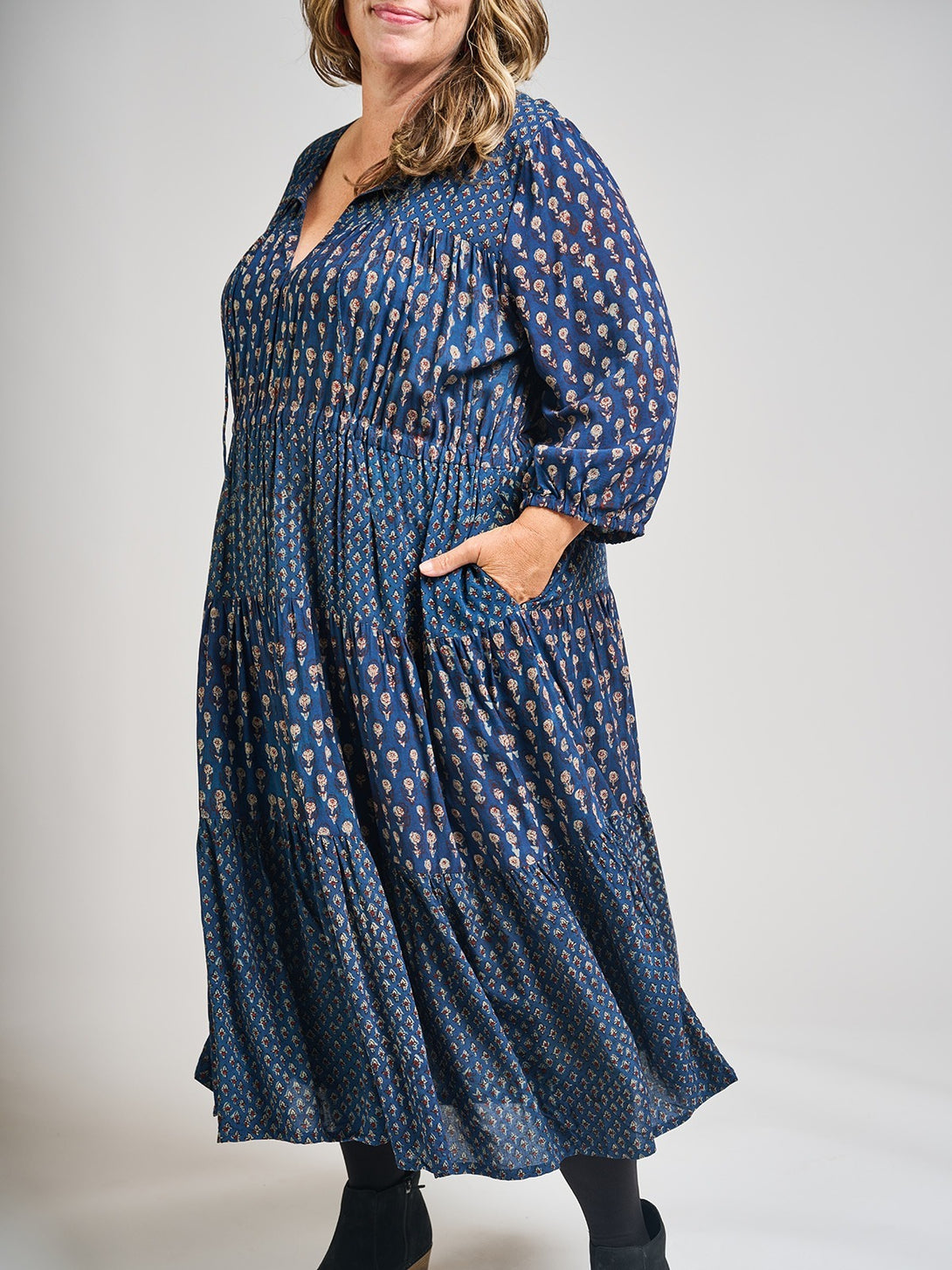 Adriana Plus Size Blue Boho Dress Midnight Floral Mix - Fair Trade Dresses | Mata Traders Midnight Floral Mix / 1X Adriana Plus Size Blue Boho Dress Midnight Floral Mix - Fair Trade Dresses | Mata Traders Midnight Floral Mix / 1X
