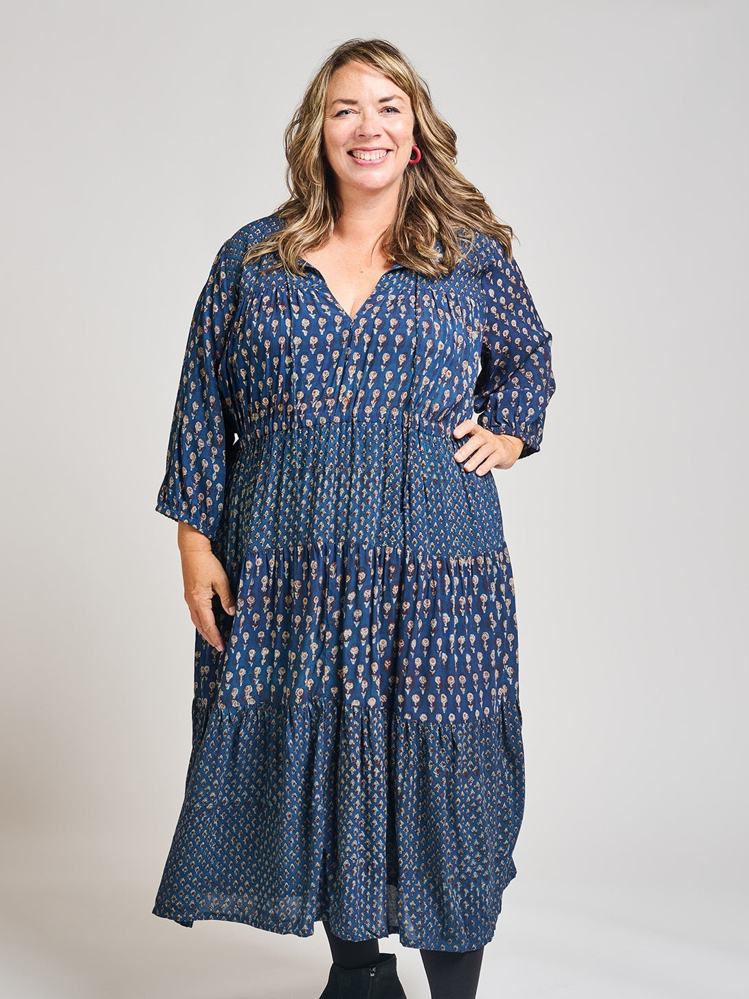 Adriana Plus Size Blue Boho Dress Midnight Floral Mix - Fair Trade Dresses | Mata Traders Adriana Plus Size Blue Boho Dress Midnight Floral Mix - Fair Trade Dresses | Mata Traders