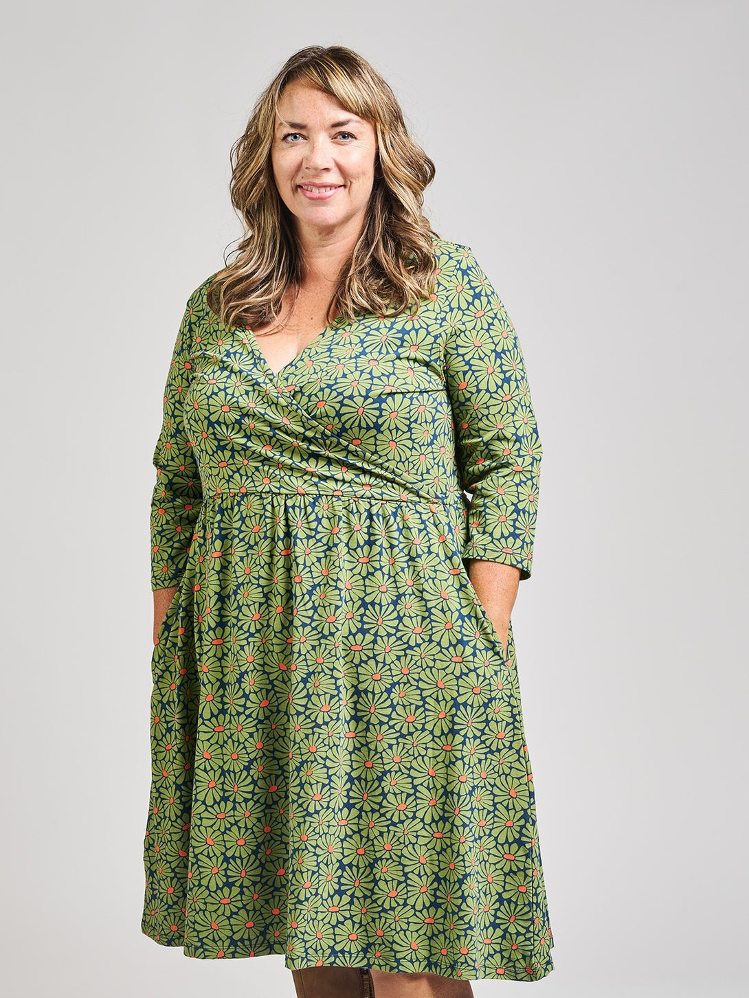 Callie Green Floral Long Sleeve Plus Size Wrap Dress - Fair Trade Dresses | Mata Traders Callie Green Floral Long Sleeve Plus Size Wrap Dress - Fair Trade Dresses | Mata Traders