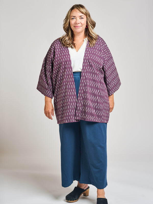 Relaxed Plus Size Women's Loose Fit Jacket - Plum Ikat Pattern - Mata Traders