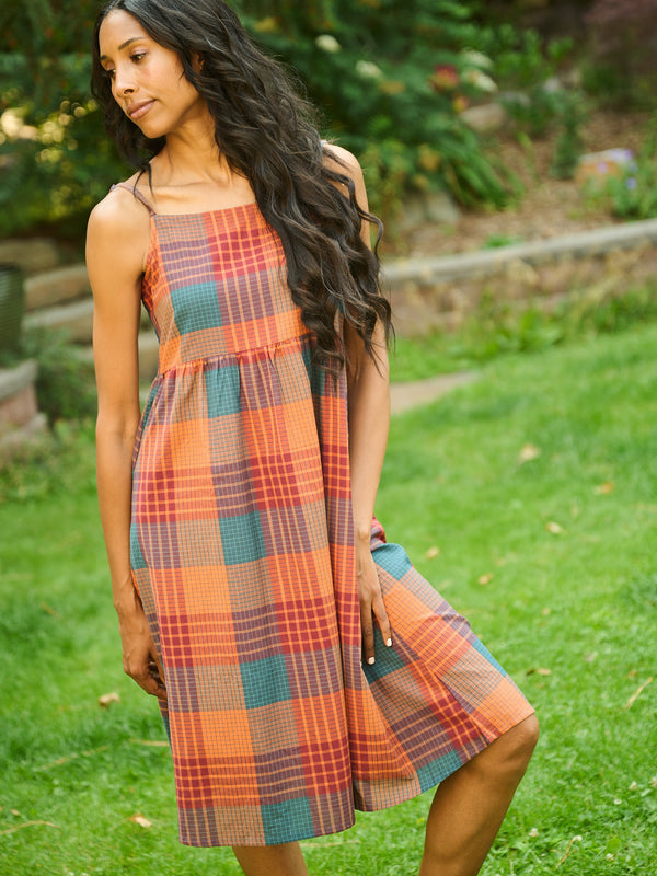 Ivy Midi Cotton Summer Dress on Model- Persimmon Plaid Pattern -Mata Traders