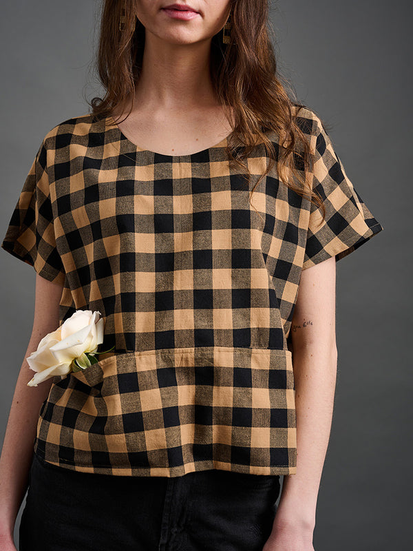 Odelia Top - Black and Tan Gingham