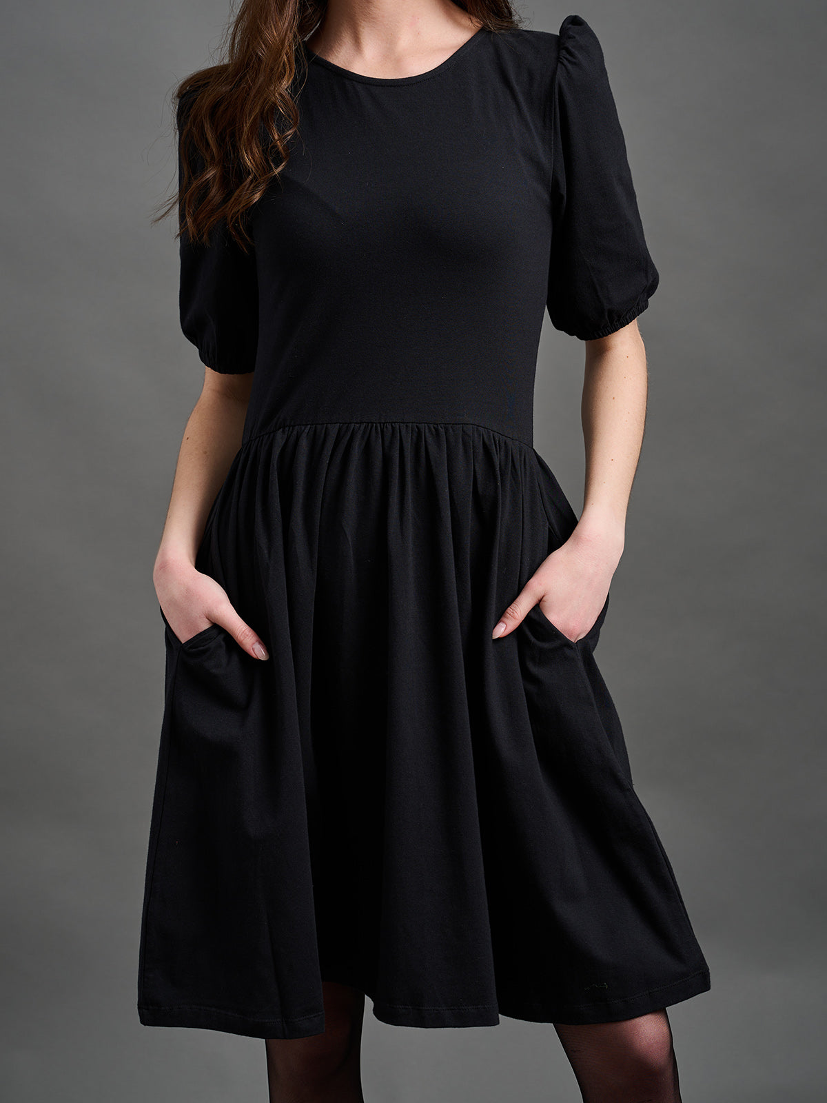 Inez Bubble Sleeve Dress Black Jersey - Fair Trade Dresses