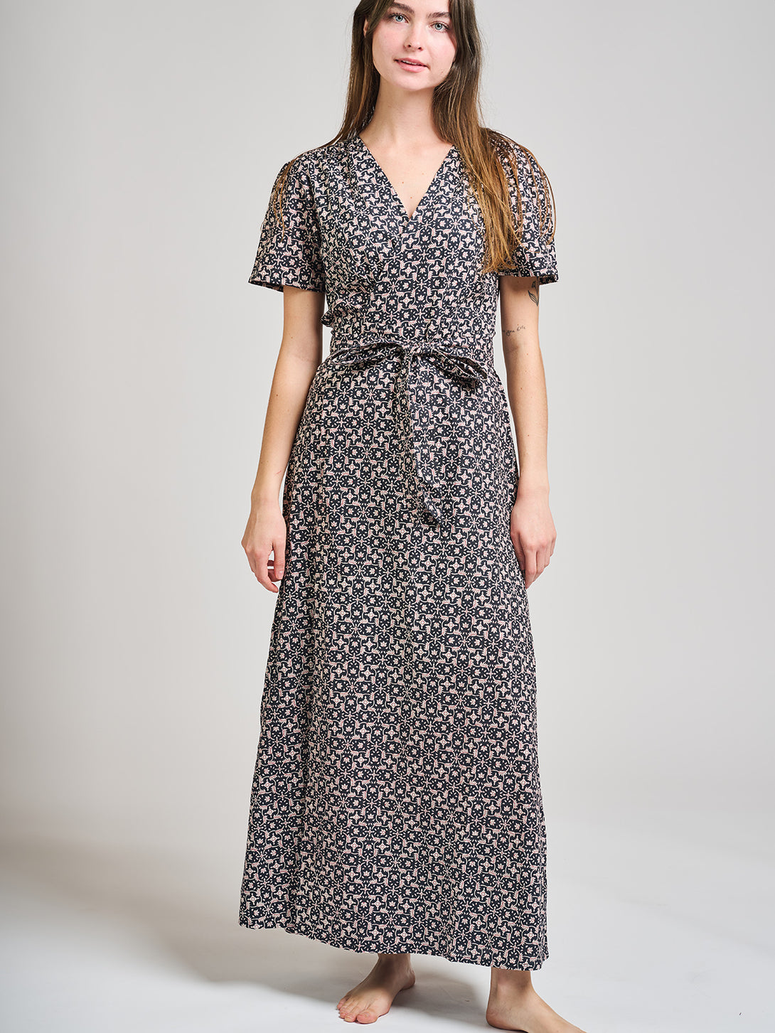 Wrap Maxi Dress Black Botanical - Fair Trade Dresses | Mata Traders Black Botanical / XS Wrap Maxi Dress Black Botanical - Fair Trade Dresses | Mata Traders Black Botanical / XS