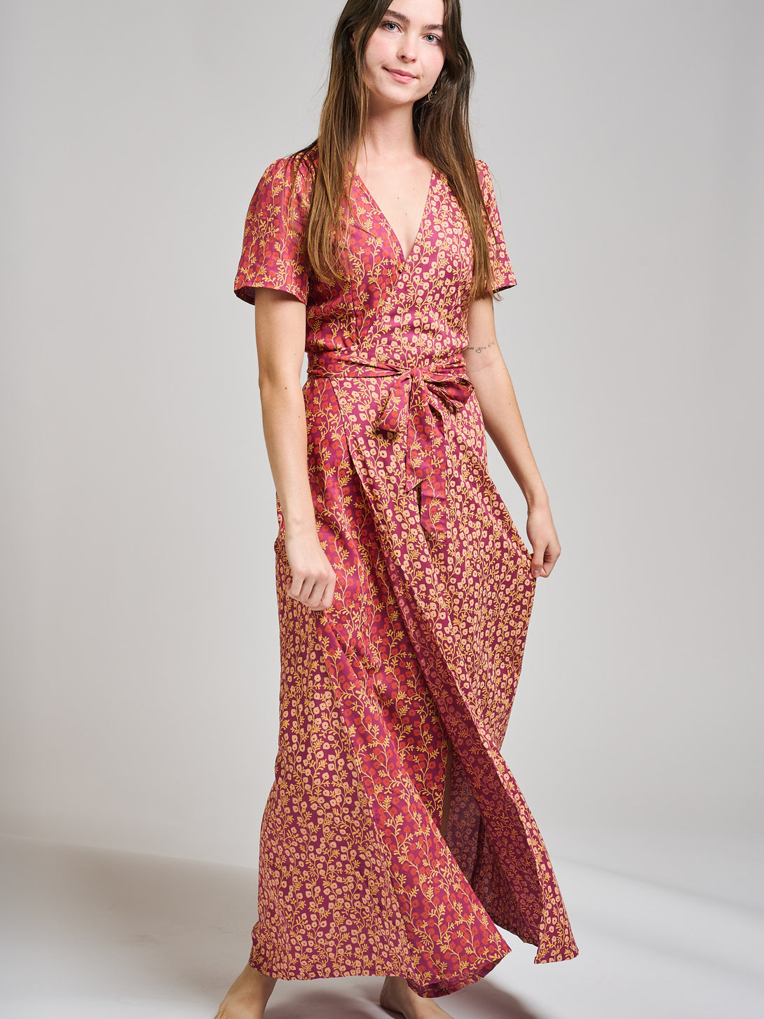 Maxi Wrap Dress Pink Floral - Fair Trade Dresses | Mata Traders Berry Poppy Mix / Xs Maxi Wrap Dress Pink Floral - Fair Trade Dresses | Mata Traders Berry Poppy Mix / Xs