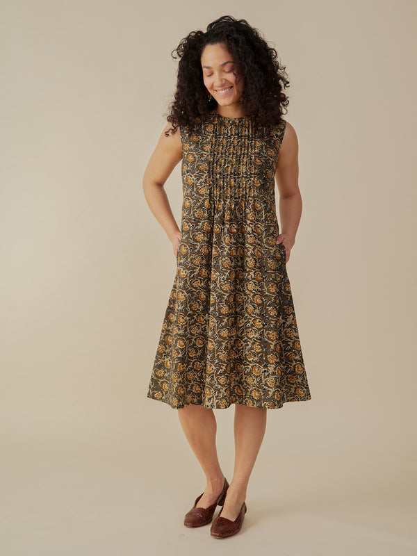 Penny Pintucked  cotton dress with pockets  - Olive Kalamkari print - Mata Traders