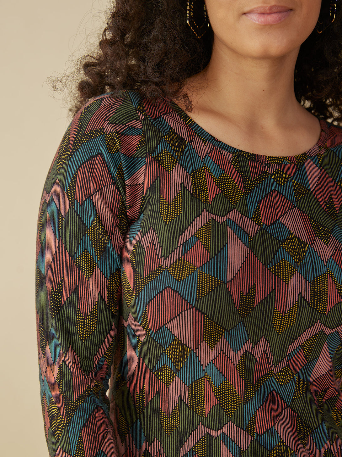 Nova Long Sleeve T-Shirt  Fitted Midi Dress Round Neck Close-up print -Mata Traders