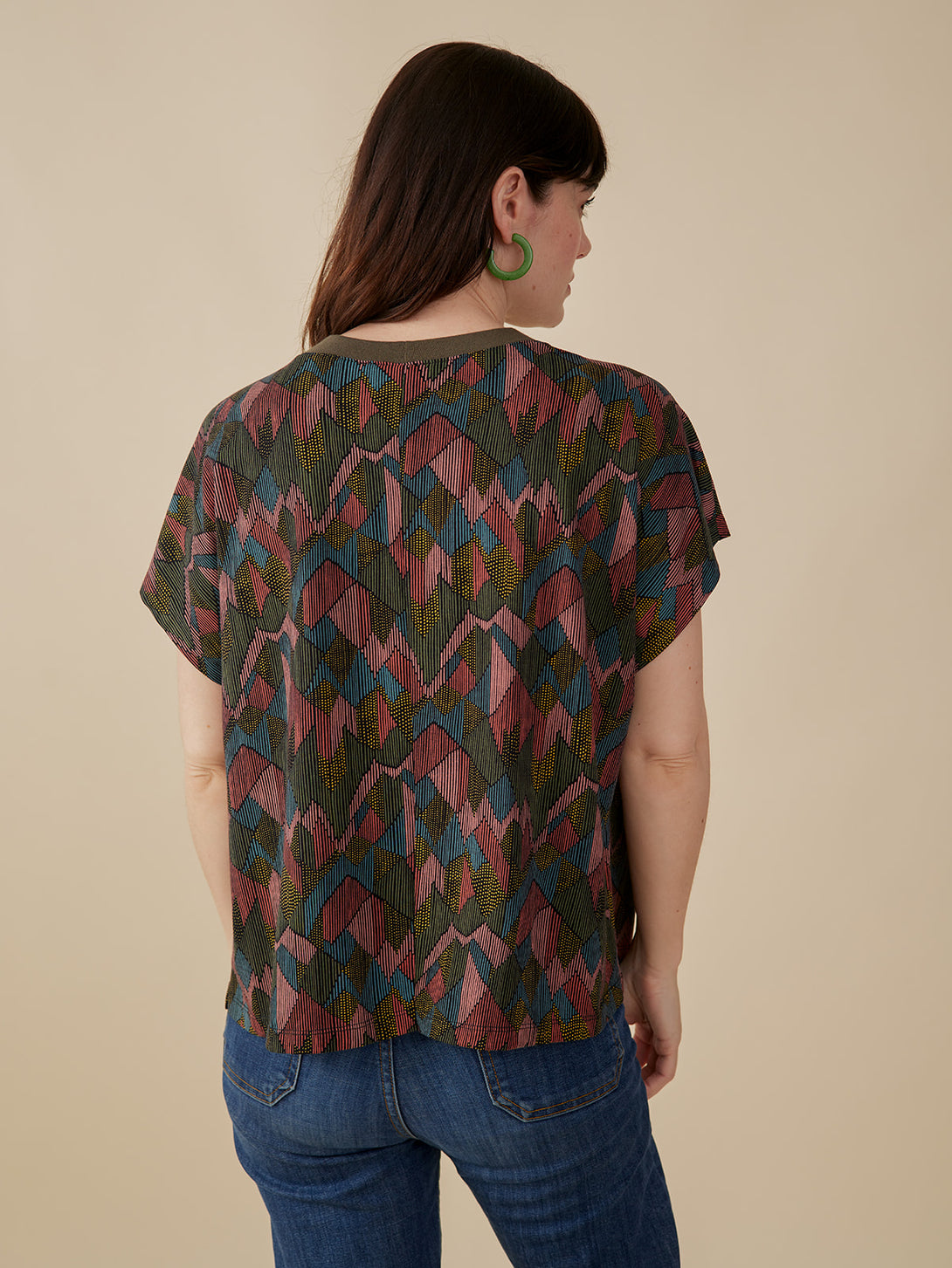 Organic cotton fall short sleeve top in muted colors abstract jewel print back view  - Mata Traders 