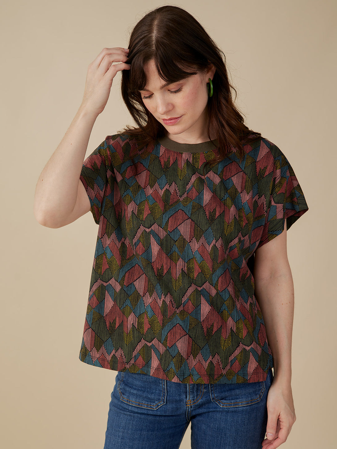 Organic cotton fall cotton top in muted colors abstract jewel print boxy style on model - Mata Traders 