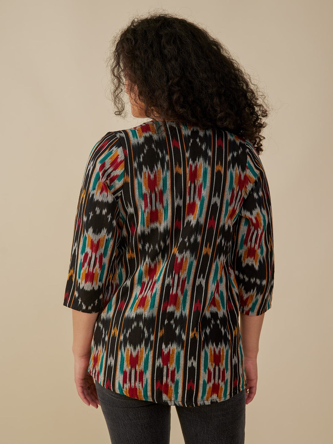 Women's Black and Pattern Crossroads Jacket  Back View - Handwoven Ikat Print Mata Traders Ethical Fashion Label 