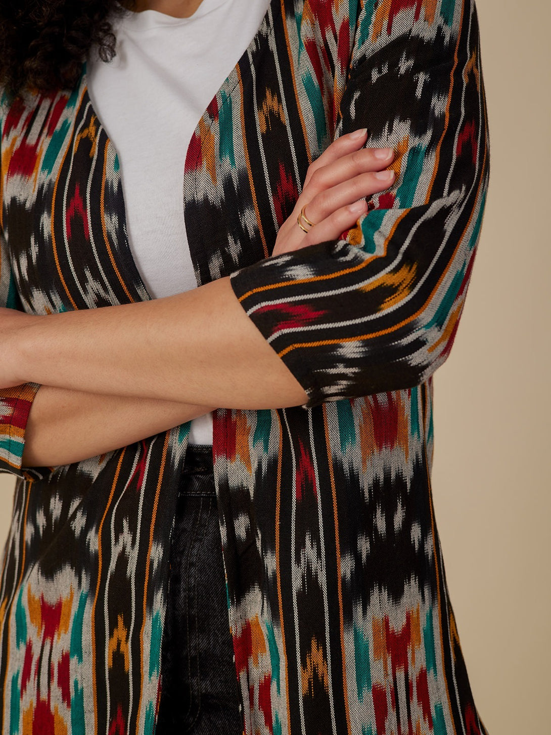 Fair Trade Crossroads Mid Sleeve Jacket - Hand-Dyed Black Ikat Cotton - Mata Traders 