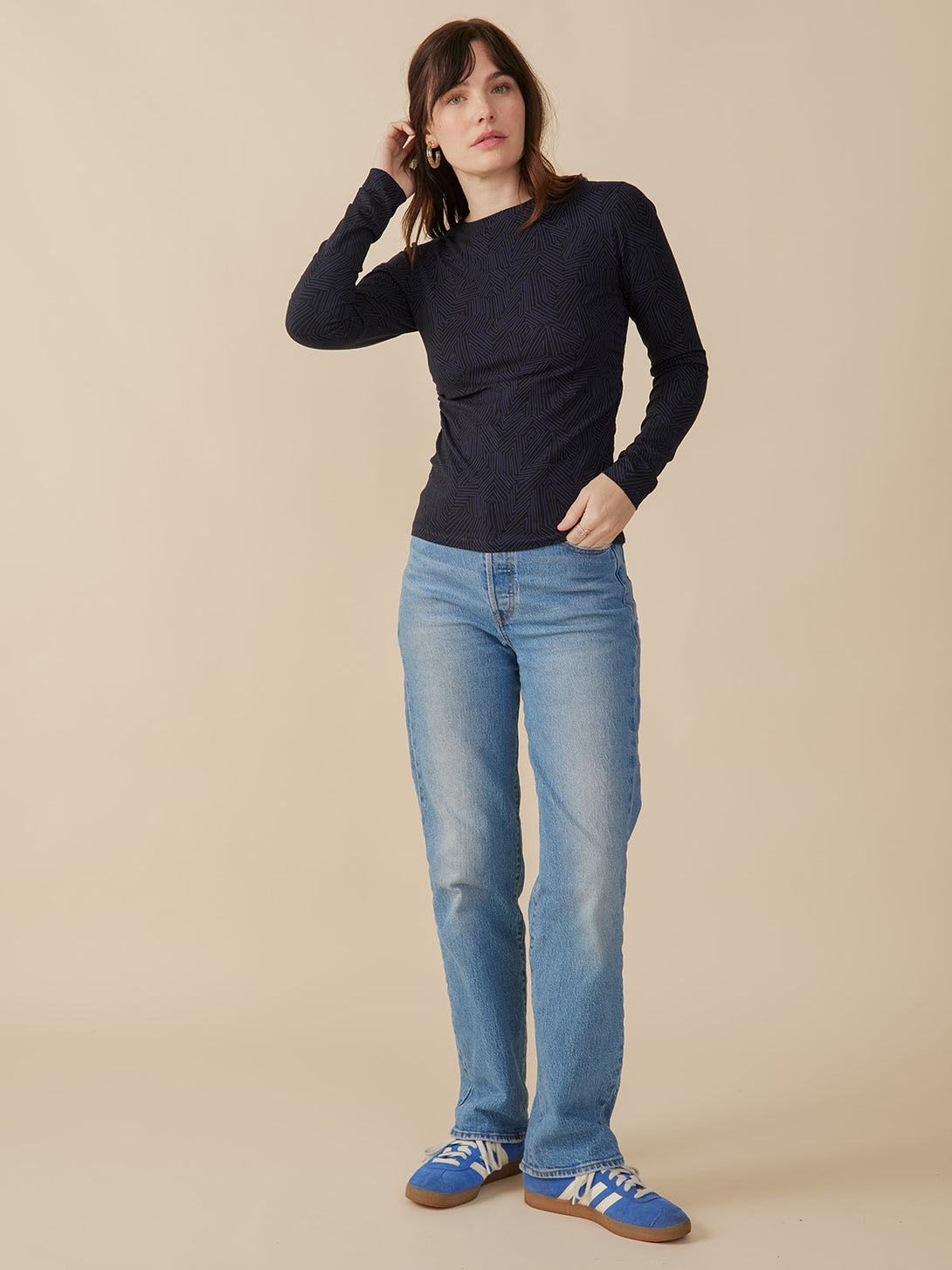 Long sleeve jersey cotton navy blue top on model styled with jeans - Mata Traders Brand Fair Trade Fashion 