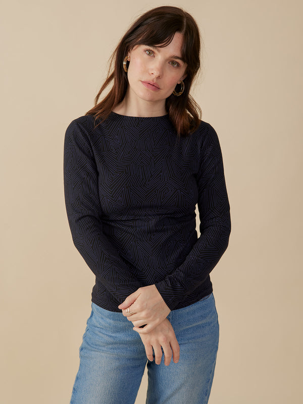 Women's Long sleeve  fitted jersey cotton top - navy blue subtle pattern on Model. Mata Traders Fair Trade Brand 