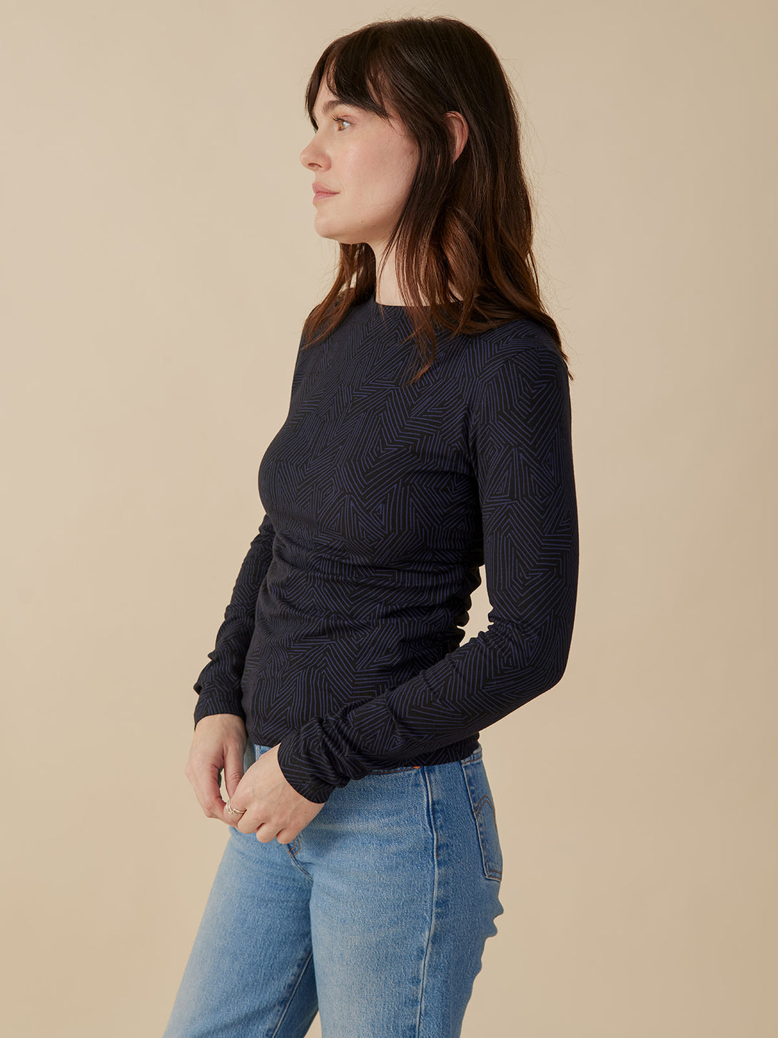 Model wearing tree rings navy blue print cotton jersey long sleeve fitted top -Mata Traders, Fair Trade Fashion Brand