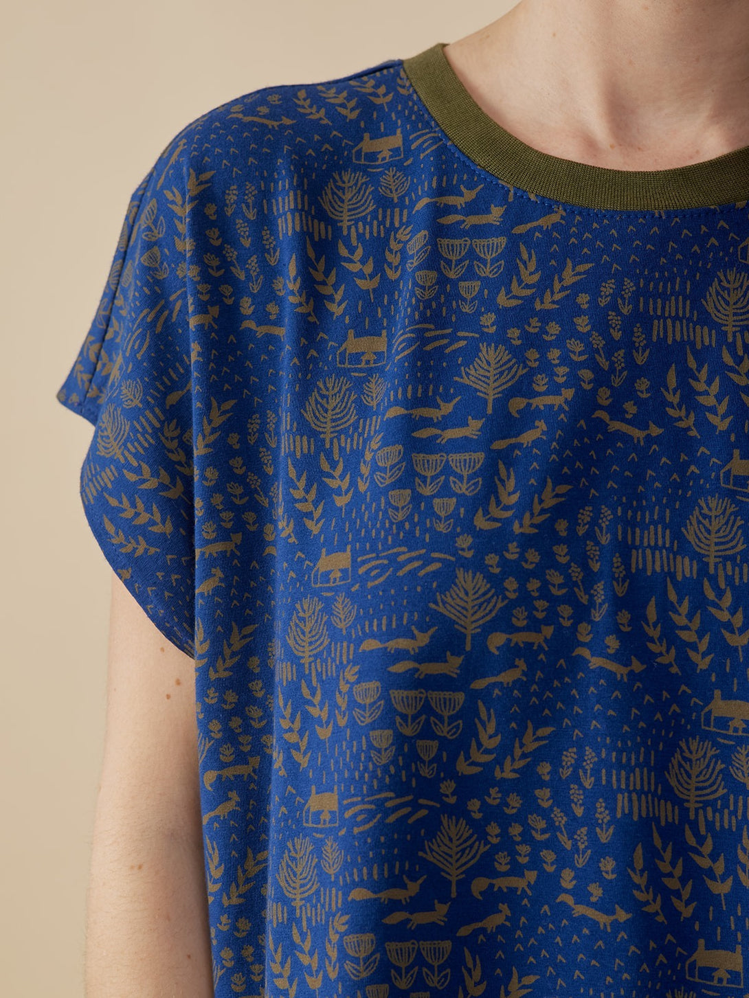 Caitlin Top  Neckline Close-up Cobalt Foxes Print - Mata Traders