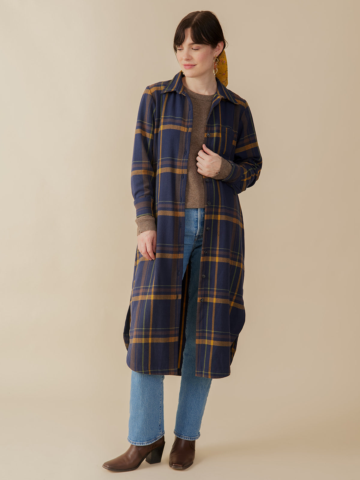 Sutton Women's Fall Plaid Shirtdress Open Coat Style  - Navy Yellow Plaid - Fair Trade - Mata Traders