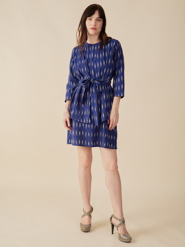 Crossroads front tie Jacket with matching dress in Sapphire Ikat - Mata Traders