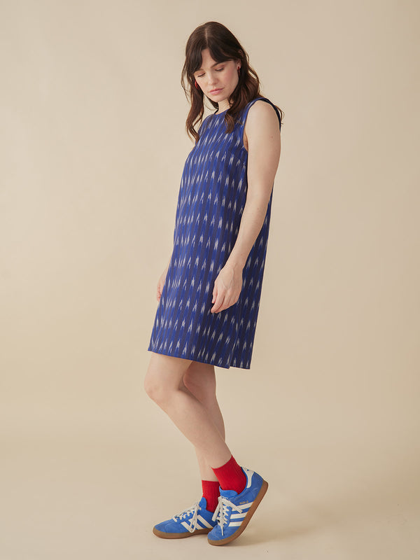Shelby Shift Dress playful styling  on Model-  Sapphire Blue Ikat Cotton Woven Print - Mata Traders