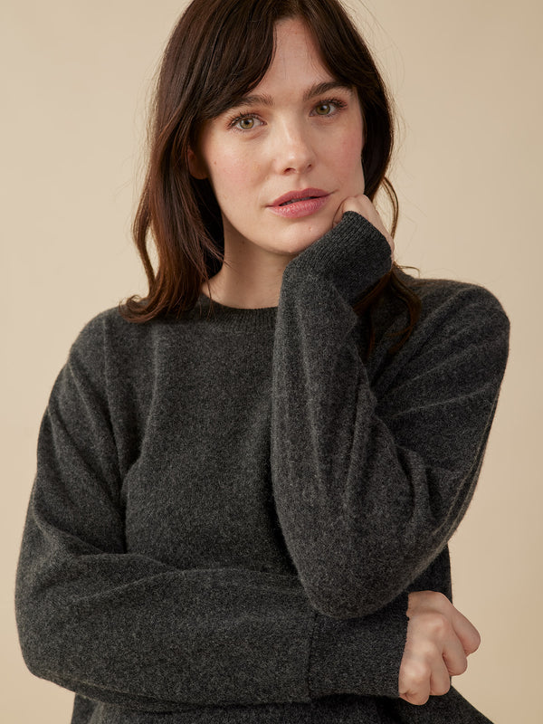 Eleanor Crewneck Sweater - Charcoal  Grey Cashmere on Model - Mata Traders