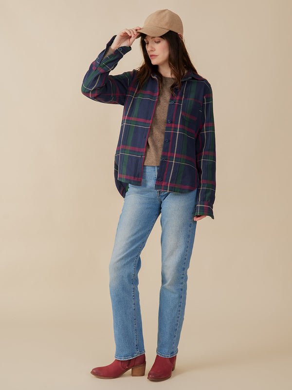 Sutton Women's Plaid Button Front Shirt Open - Navy Berry Plaid Print - Mata Traders Ethical Fashion Brand 