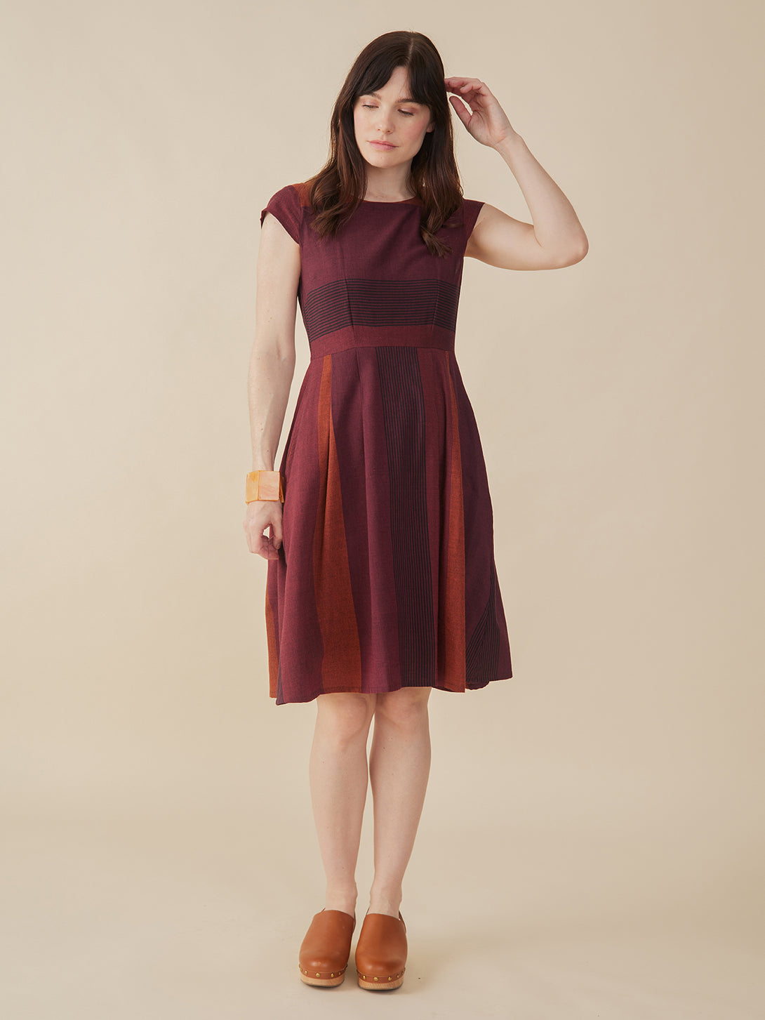 Women's Devonshire A-line Burgundy Dress | Fair Trade | Mata Traders Burgundy Stripe / M Women's Devonshire A-line Burgundy Dress | Fair Trade | Mata Traders Burgundy Stripe / M