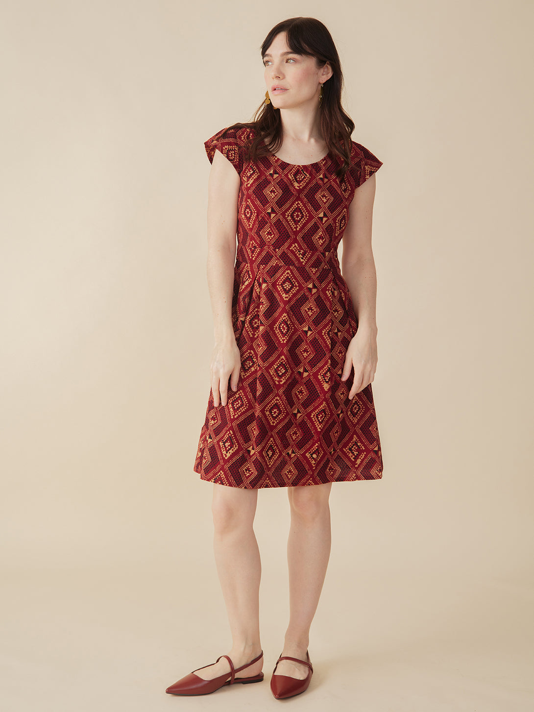 Vintage Pleat Dress - Red Diamonds