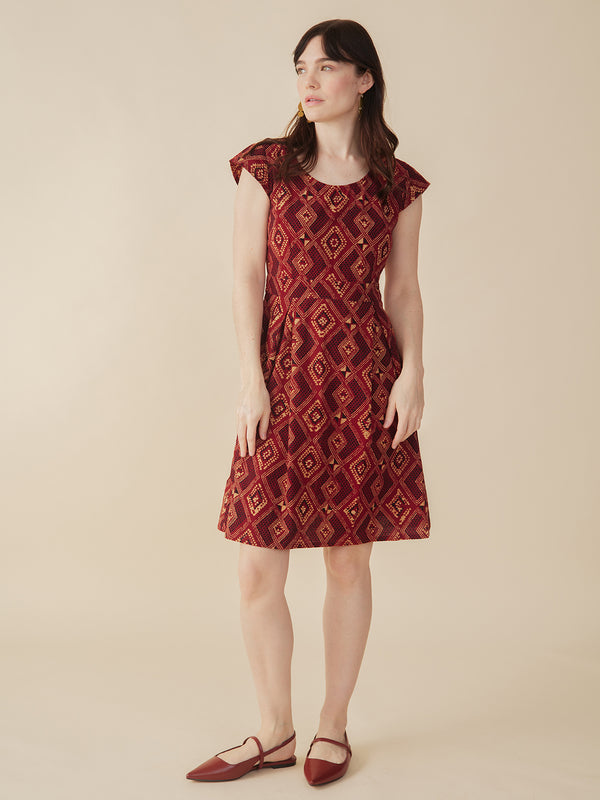 Vintage Pleat Dress - Red Diamonds on Model Model Fabric _ Mata Traders Fair Trade 