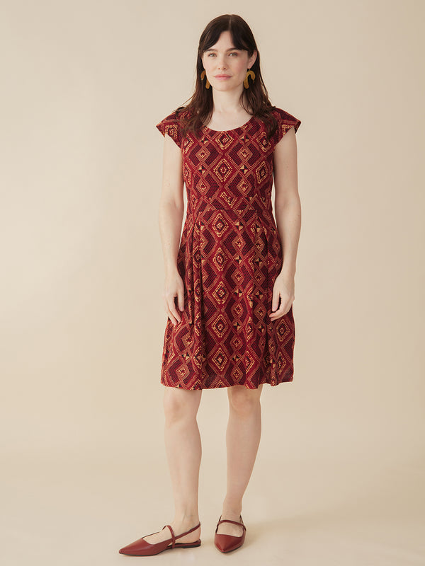 Vintage Pleat Dress  Red Diamonds Print - Mata Traders Ethical Fashion