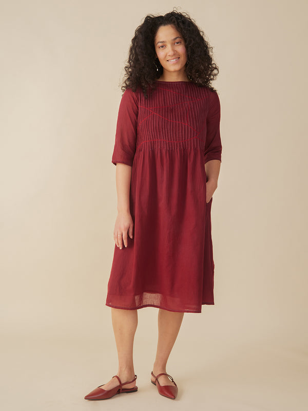 Alma Pintucked Dress - Crimson 3/4 sleeve length -Mata Traders