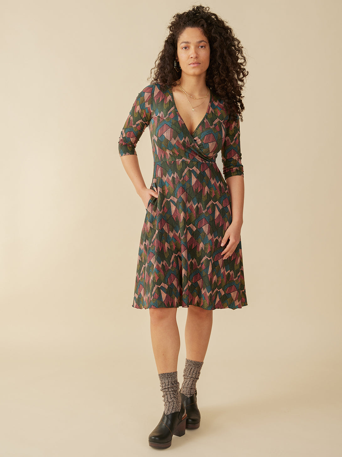 Fall geo print organic jersey wrap dress on model -Mata Traders, Fair Trade Fashion