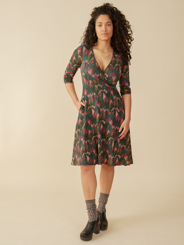 Fall geo print organic jersey wrap dress on model -Mata Traders, Fair Trade Fashion