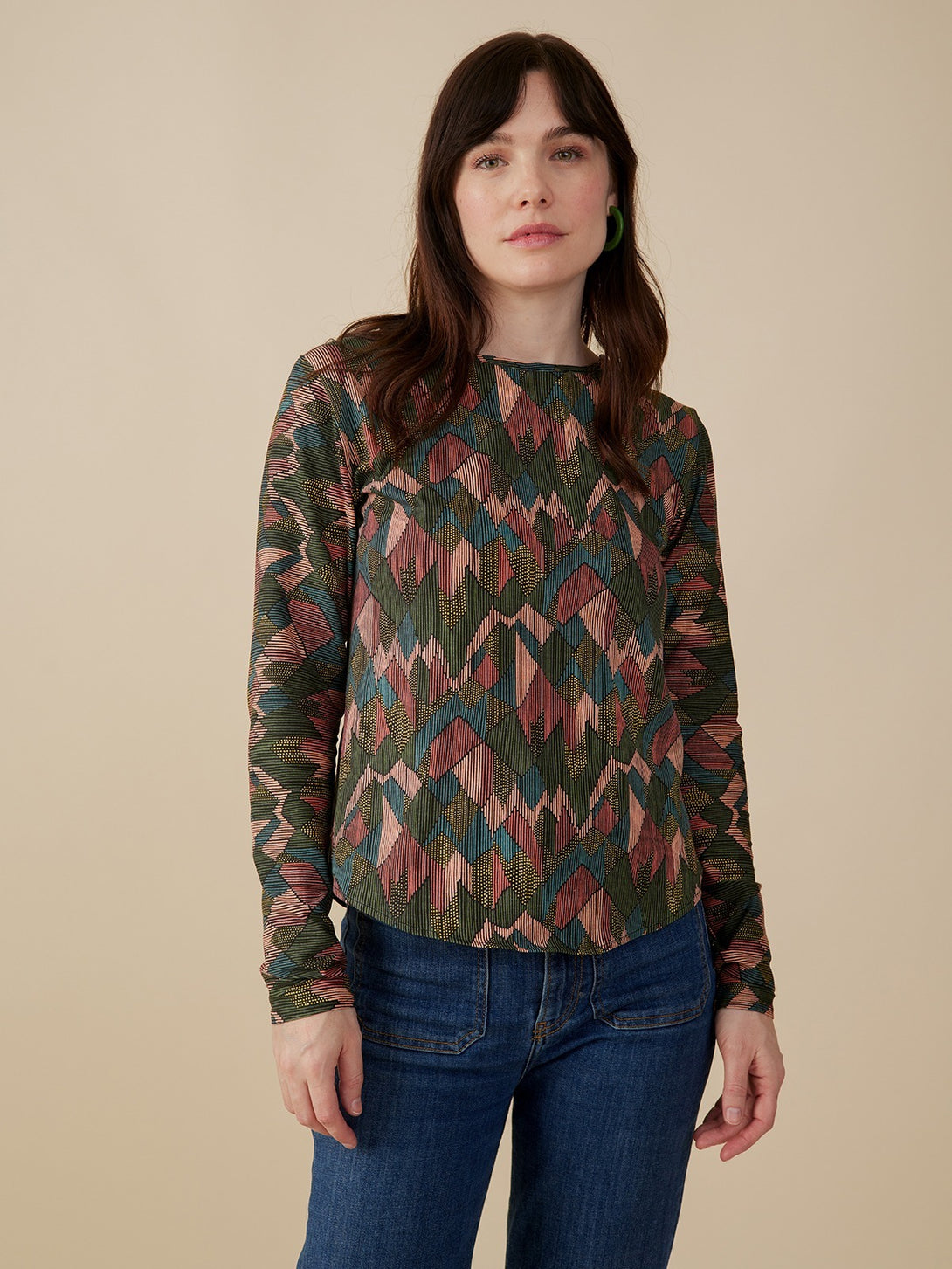 Organic cotton jersey long sleeve top in muted colors abstract jewel print - Mata Traders 