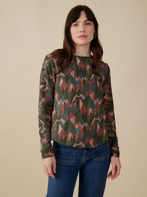 Organic cotton jersey long sleeve top in muted colors abstract jewel print - Mata Traders 