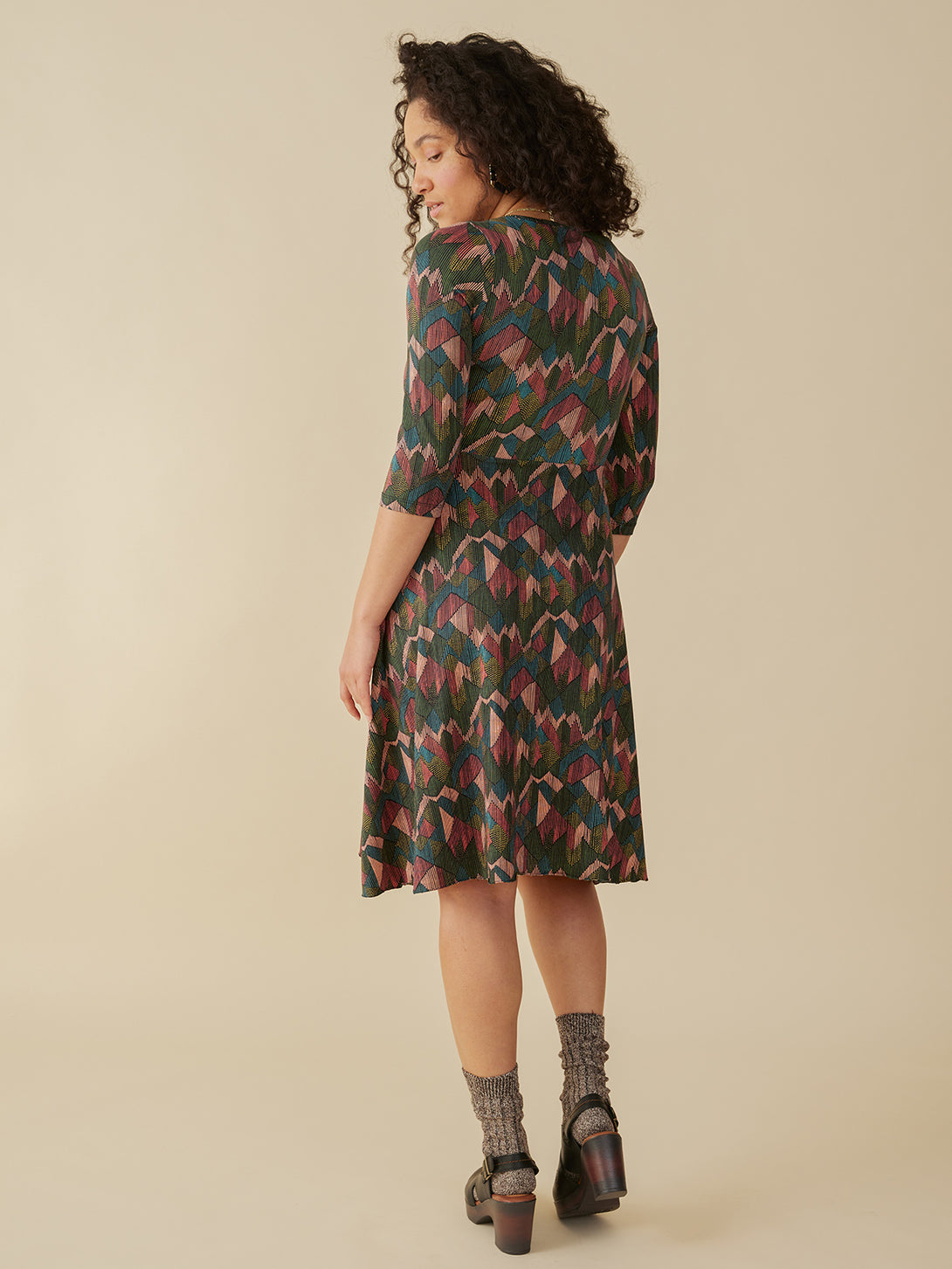 fall geo print organic jersey cotton dress back view on model - Mata Traders