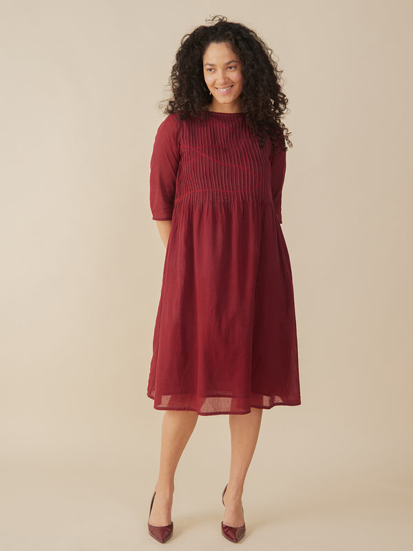 Alma Pintucked Dress on Model  - Crimson - Mata Traders Ethical Fashion
