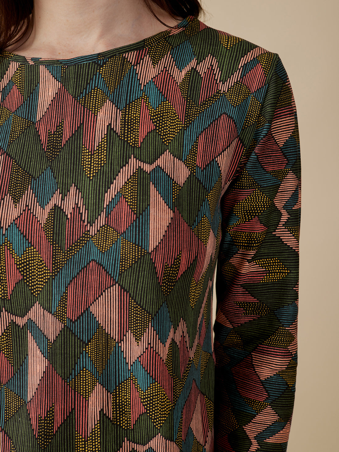 Organic cotton fall stretch top in muted colors abstract jewel print pattern close-up detail - Mata Traders 