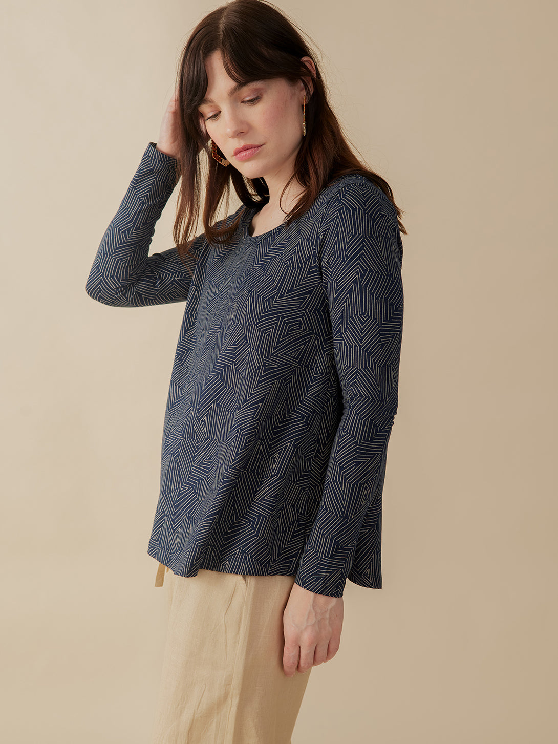 Women's Long Sleeve Cozy Day Top  Tree Rings Slate Blue Grey Side View on Model - Mata Traders