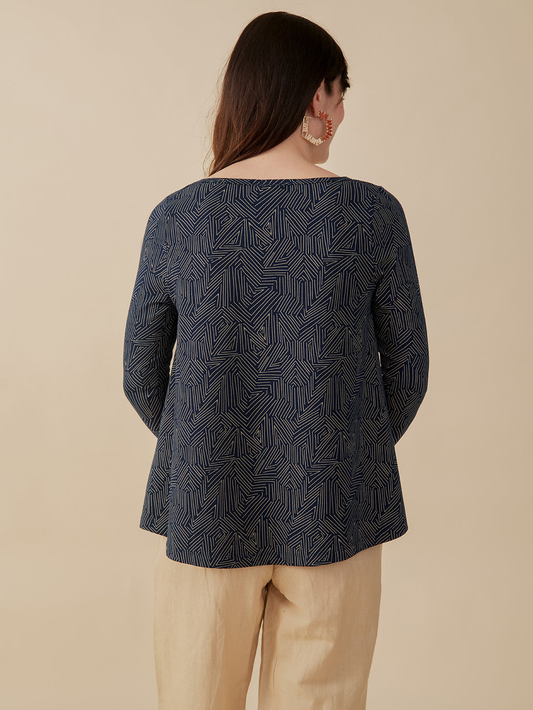 Women's Long Sleeve Cozy Day Top  Tree Rings Slate Blue Grey  Back View - Mata Traders